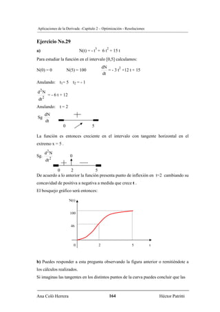 Aplicaciones de la Derivada –Capítulo 2 – Optimización - Resoluciones


Ejercicio No.29
                                           3         2
a)                              N(t) = - t + 6 t + 15 t
Para estudiar la función en el intervalo [0,5] calculamos:
                                                   dN        2
N(0) = 0              N(5) = 100                      = - 3 t +12 t + 15
                                                   dt
Anulando: t1= 5 t2 = - 1

d2N
         = - 6 t + 12
 dt 2
Anulando: t = 2
        dN
Sg
        dt
                  0                    5

La función es entonces creciente en el intervalo con tangente horizontal en el
extremo x = 5 .

        d2N
Sg.                     0
        dt 2

           0       2              5
De acuerdo a lo anterior la función presenta punto de inflexión en t=2 cambiando su
concavidad de positiva a negativa a medida que crece t .
El bosquejo gráfico será entonces:

                        N(t)


                        100


                         46




                            0                  2                   5       t



b) Puedes responder a esta pregunta observando la figura anterior o remitiéndote a
los cálculos realizados.
Si imaginas las tangentes en los distintos puntos de la curva puedes concluir que las



Ana Coló Herrera                                         164                   Héctor Patritti
 
