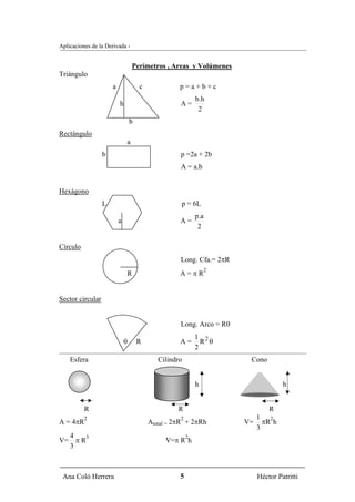 Aplicaciones de la Derivada -


                                  Perímetros , Areas y Volúmenes
Triángulo
                      a               c             p=a+b+c
                                                            b.h
                          h                         A=
                                                             2
                                  b
Rectángulo
                              a
                  b                                 p =2a + 2b
                                                    A = a.b


Hexágono
                  L                                 p = 6L
                                                            p.a
                          a                         A=
                                                             2

Círculo
                                                    Long. Cfa.= 2πR
                                                                  2
                              R                     A=πR


Sector circular


                                                    Long. Arco = Rθ
                                                            1 2
                              θ       R             A=        R θ
                                                            2
     Esfera                                  Cilindro                  Cono


                                                            h                    h


          R                                        R                       R
          2                                         2                   1 2
A = 4πR                                   Atotal = 2πR + 2πRh         V= πR h
                                                                        3
     4   3                                              2
V=     πR                                      V=π R h
     3



 Ana Coló Herrera                                   5                   Héctor Patritti
 