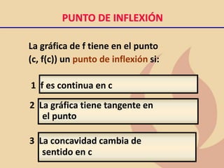 PUNTO DE INFLEXIÓN
La gráfica de f tiene en el punto
(c, f(c)) un punto de inflexión si:
1 f es continua en c
2 La gráfica tiene tangente en
el punto
sentido en c
3 La concavidad cambia de
 
