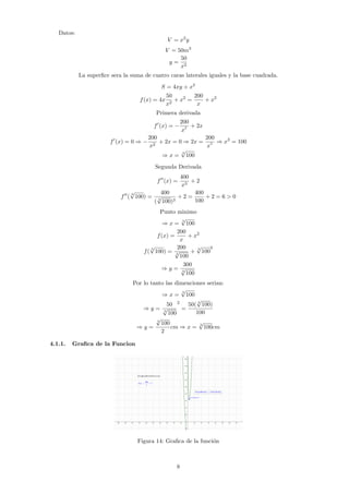 Datos:
V = x2
y
V = 50m3
y =
50
x2
La superfice sera la suma de cuatro caras laterales iguales y la base cuadrada.
S = 4xy + x2
f(x) = 4x
50
x2
+ x2
=
200
x
+ x2
Primera derivada
f0
(x) = −
200
x2 + 2x
f0
(x) = 0 ⇒ −
200
x2
+ 2x = 0 ⇒ 2x =
200
x2 ⇒ x3
= 100
⇒ x =
3
√
100
Segunda Derivada
f00
(x) =
400
x3
+ 2
f00
(
3
√
100) =
400
( 3
√
100)3
+ 2 =
400
100
+ 2 = 6 > 0
Punto minimo
⇒ x =
3
√
100
f(x) =
200
x
+ x2
f(
3
√
100) =
200
3
√
100
+
3
√
100
2
⇒ y =
300
3
√
100
Por lo tanto las dimenciones serian:
⇒ x =
3
√
100
⇒ y =
50
3
√
100
2
=
50( 3
√
100)
100
⇒ y =
3
√
100
2
cm ⇒ x =
3
√
100cm
4.1.1. Grafica de la Funcion
Figura 14: Grafica de la función
8
 