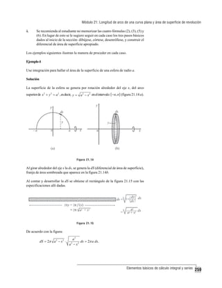 Módulo 21: Longitud de arco de una curva plana y área de superficie de revolución
ii.

Se recomienda al estudiante no memorizar las cuatro fórmulas (2), (3), (5) y
(6). En lugar de esto se le sugiere seguir en cada caso los tres pasos básicos
dados al inicio de la sección: dibújese, córtese, desenróllese, y construir el
diferencial de área de superficie apropiado.

Los ejemplos siguientes ilustran la manera de proceder en cada caso.
Ejemplo 4
Use integración para hallar el área de la superficie de una esfera de radio a.
Solución
La superficie de la esfera se genera por rotación alrededor del eje x, del arco
superior de x 2 + y 2 = a 2 , es decir, y = a 2 − x 2 en el intervalo [−a, a] (figura 21.14 a).

Figura 21.14

Al girar alrededor del eje x la ds, se genera la dS (diferencial de área de superficie),
franja de área sombreada que aparece en la figura 21.14b.
Al contar y desarrollar la dS se obtiene el rectángulo de la figura 21.15 con las
especificaciones allí dadas.

Figura 21.15

De acuerdo con la figura:
dS = 2π a 2 − x 2 ⋅

a2
dx = 2π a dx.
a2 − x2

Elementos básicos de cálculo integral y series

259

 