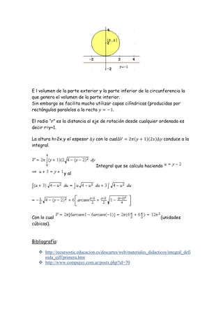 El volumen se puede hacer por arandelas siendo la parte superior de la c

E l volumen de la parte exterior y la parte inferior de la circunferencia la
que genera el volumen de la parte interior.
Sin embargo se facilita mucho utilizar capas cilíndricas (producidas por
rectángulos paralelos a la recta

El radio “r” es la distancia al eje de rotación desde cualquier ordenada es
decir r=y+1.

La altura h=2x,y el espesor       con lo cual          (     )(   )    conduce a la
integral.



                                  Integral que se calcula haciendo
                y al reemplazar




Con lo cual                                                           (unidades
cúbicas).


Bibliografía:

    http://recursostic.educacion.es/descartes/web/materiales_didacticos/integral_defi
     nida_ejff/primera.htm
    http://www.compujuy.com.ar/postx.php?id=70
 