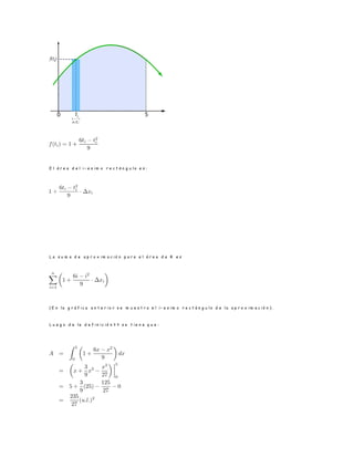 E l á r e a d e l i − e s i m o r e c t á n g u l o e s :
L a s u m a d e a p r o x i m a c i ó n p a r a e l á r e a d e R e s
( E n l a g r á f i c a a n t e r i o r s e m u e s t r a e l i − e s i m o r e c t á n g u l o d e l a a p r o x i m a c i ó n ) .
L u e g o d e l a d e f i n i c i ó n ? ? s e t i e n e q u e :
 