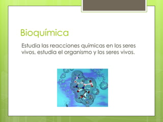 Bioquímica
Estudia las reacciones químicas en los seres
vivos, estudia el organismo y los seres vivos.
 