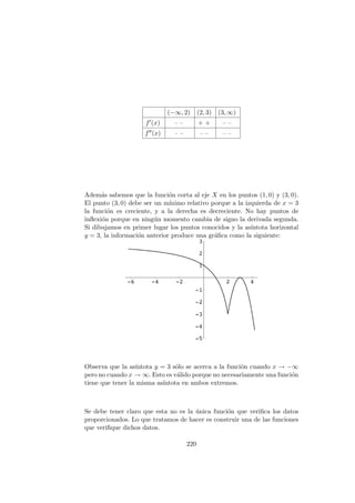 (−∞, 2) (2, 3) (3, ∞)
f (x) – – + + – –
f (x) – – – – – –
Adem´as sabemos que la funci´on corta al eje X en los puntos (1, 0) y (3, 0).
El punto (3, 0) debe ser un m´ınimo relativo porque a la izquierda de x = 3
la funci´on es creciente, y a la derecha es decreciente. No hay puntos de
inﬂexi´on porque en ning´un momento cambia de signo la derivada segunda.
Si dibujamos en primer lugar los puntos conocidos y la as´ıntota horizontal
y = 3, la informaci´on anterior produce una gr´aﬁca como la siguiente:
Observa que la as´ıntota y = 3 s´olo se acerca a la funci´on cuando x → −∞
pero no cuando x → ∞. Esto es v´alido porque no necesariamente una funci´on
tiene que tener la misma as´ıntota en ambos extremos.
Se debe tener claro que esta no es la ´unica funci´on que veriﬁca los datos
proporcionados. Lo que tratamos de hacer es construir una de las funciones
que veriﬁque dichos datos.
220
 