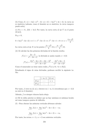 (b) Como f(−x) = ln[(−x)2 − 3(−x) + 2] = ln(x2 + 3x + 2), la curva no
es sim´etrica (adem´as, como el dominio no es sim´etrico, la curva tampoco
puede serlo).
(c) Si x = 0, f(0) = ln 2. Por tanto, la curva corta al eje Y en el punto
(0, ln 2).
Si y = 0,
0 = ln(x2
−3x+2) =⇒ 1 = x2
−3x+2 =⇒ x2
−3x+1 = 0 =⇒ x =
3 ±
√
5
2
.
La curva corta al eje X en los puntos (
3 +
√
5
2
, 0) y (
3 −
√
5
2
, 0).
(d) Al calcular las dos primeras derivadas de la funci´on resulta:
f (x) =
2x − 3
x2 − 3x + 2
; la derivada se anula cuando x = 3/2.
f (x) =
2(x2 − 3x + 2) − (2x − 3)2
(x2 − 3x + 2)2
=
−2x2 + 6x − 5
(x2 − 3x + 2)2
.
Como el numerador no tiene ra´ıces reales, f (x) = 0, ∀x ∈ D(f).
Estudiando el signo de estas derivadas, podemos escribir la siguiente ta-
bla:
(−∞, 1) (2, ∞)
f (x) – – + +
f (x) – – – –
Por tanto, f crece en (2, ∞) y decrece en (−∞, 1) (recordemos que x = 3/2
no est´a en el dominio).
Adem´as, f es siempre c´oncava hacia abajo.
(e) De la tabla anterior se deduce que no hay m´aximos ni m´ınimos locales
as´ı como tampoco puntos de inﬂexi´on.
(f) - Para obtener las as´ıntotas verticales debemos calcular:
l´ım
x→1−
f(x) = l´ım
x→1−
ln(x2
− 3x + 2) = −∞;
l´ım
x→2+
f(x) = l´ım
x→2+
ln(x2
− 3x + 2) = −∞.
Por tanto, las rectas x = 1 y x = 2 son as´ıntotas verticales.
231
 