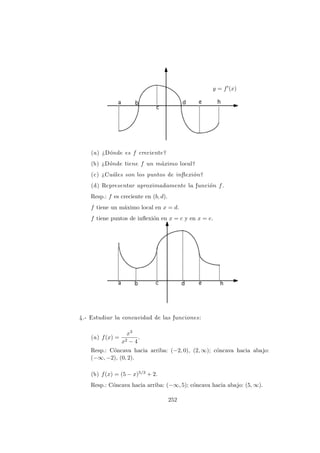 y = f (x)
(a) ¿D´onde es f creciente?
(b) ¿D´onde tiene f un m´aximo local?
(c) ¿Cu´ales son los puntos de inﬂexi´on?
(d) Representar aproximadamente la funci´on f.
Resp.: f es creciente en (b, d).
f tiene un m´aximo local en x = d.
f tiene puntos de inﬂexi´on en x = c y en x = e.
4.- Estudiar la concavidad de las funciones:
(a) f(x) =
x3
x2 − 4
.
Resp.: C´oncava hacia arriba: (−2, 0), (2, ∞); c´oncava hacia abajo:
(−∞, −2), (0, 2).
(b) f(x) = (5 − x)5/3 + 2.
Resp.: C´oncava hacia arriba: (−∞, 5); c´oncava hacia abajo: (5, ∞).
252
 