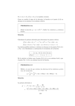 Si x ∈ (1, 1 + δ), f (x) > 0 y f es tambi´en creciente.
Como no cambia el signo de la derivada, la funci´on en el punto (1, 0) no
alcanza ni un m´aximo ni un m´ınimo relativo.
PROBLEMA 6.6.
Dada la funci´on y = (x + 1)2e−x, hallar los m´aximos y m´ınimos
locales.
Soluci´on
Calculamos la primera derivada para determinar los puntos cr´ıticos:
f (x) = 2(x + 1) · e−x
− e−x
(x + 1)2
= e−x
(x + 1)(1 − x);
f (x) = 0 ⇐⇒ e−x
(x + 1)(1 − x) = 0 ⇐⇒ x = 1 ´o x = −1.
Los ´unicos posibles m´aximos y m´ınimos se alcanzan en los puntos P1(1, 4/e)
y P2(−1, 0). Estudiamos a continuaci´on el crecimiento de la funci´on:
(−∞, −1) (−1, 1) (1, ∞)
f (x) – – + + – –
De lo anterior se deduce que el punto P1(1, 4/e) es un m´aximo local y que
el punto P2(−1, 0) es un m´ınimo local de la funci´on.
PROBLEMA 6.7.
Hallar, en caso de que existan, las abscisas de los m´aximos y m´ıni-
mos de la funci´on
y =
1
3
x3
+
5
2
x2
+ 14x + 10 ln(x + 3) + 90 ln(x − 5).
Soluci´on
La primera derivada es
y = x2
+ 5x + 14 +
10
x + 3
+
90
x − 5
=
(x2 + 5x + 14)(x + 3)(x − 5) + 10(x − 5) + 90(x + 3)
(x + 3)(x − 5)
.
210
 
