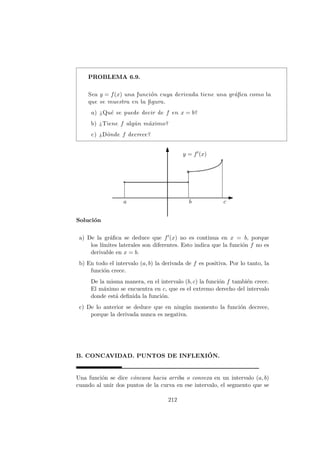 PROBLEMA 6.9.
Sea y = f(x) una funci´on cuya derivada tiene una gr´aﬁca como la
que se muestra en la ﬁgura.
a) ¿Qu´e se puede decir de f en x = b?
b) ¿Tiene f alg´un m´aximo?
c) ¿D´onde f decrece?
y = f (x)
a b c
Soluci´on
a) De la gr´aﬁca se deduce que f (x) no es continua en x = b, porque
los l´ımites laterales son diferentes. Esto indica que la funci´on f no es
derivable en x = b.
b) En todo el intervalo (a, b) la derivada de f es positiva. Por lo tanto, la
funci´on crece.
De la misma manera, en el intervalo (b, c) la funci´on f tambi´en crece.
El m´aximo se encuentra en c, que es el extremo derecho del intervalo
donde est´a deﬁnida la funci´on.
c) De lo anterior se deduce que en ning´un momento la funci´on decrece,
porque la derivada nunca es negativa.
B. CONCAVIDAD. PUNTOS DE INFLEXI´ON.
Una funci´on se dice c´oncava hacia arriba o convexa en un intervalo (a, b)
cuando al unir dos puntos de la curva en ese intervalo, el segmento que se
212
 