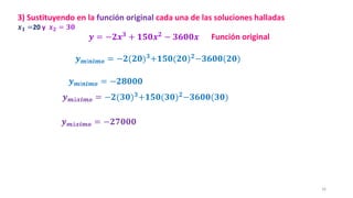 16
𝒚 = −𝟐𝒙𝟑 + 𝟏𝟓𝟎𝒙𝟐 − 𝟑𝟔𝟎𝟎𝒙
3) Sustituyendo en la función original cada una de las soluciones halladas
𝒙𝟏 =20 y 𝒙𝟐 = 𝟑𝟎
𝒚𝒎í𝒏𝒊𝒎𝒐 = −𝟐(𝟐𝟎)𝟑
+𝟏𝟓𝟎(𝟐𝟎)𝟐
−𝟑𝟔𝟎𝟎(𝟐𝟎)
𝒚𝒎í𝒏𝒊𝒎𝒐 = −𝟐𝟖𝟎𝟎𝟎
𝒚𝒎á𝒙𝒊𝒎𝒐 = −𝟐(𝟑𝟎)𝟑+𝟏𝟓𝟎(𝟑𝟎)𝟐−𝟑𝟔𝟎𝟎(𝟑𝟎)
𝒚𝒎á𝒙𝒊𝒎𝒐 = −𝟐𝟕𝟎𝟎𝟎
Función original
 