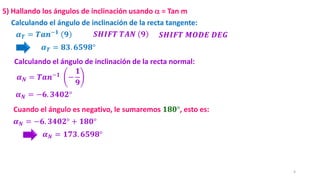 4
𝜶𝑻 = 𝟖𝟑. 𝟔𝟓𝟗𝟖°
Calculando el ángulo de inclinación de la recta tangente:
5) Hallando los ángulos de inclinación usando  = Tan m
Cuando el ángulo es negativo, le sumaremos 𝟏𝟖𝟎°, esto es:
Calculando el ángulo de inclinación de la recta normal:
𝜶𝑻 = 𝑻𝒂𝒏−𝟏 𝟗 𝑺𝑯𝑰𝑭𝑻 𝑻𝑨𝑵 𝟗 𝑺𝑯𝑰𝑭𝑻 𝑴𝑶𝑫𝑬 𝑫𝑬𝑮
𝜶𝑵 = −𝟔. 𝟑𝟒𝟎𝟐°
𝜶𝑵 = 𝑻𝒂𝒏−𝟏 −
𝟏
𝟗
𝜶𝑵 = −𝟔. 𝟑𝟒𝟎𝟐° + 𝟏𝟖𝟎°
𝜶𝑵 = 𝟏𝟕𝟑. 𝟔𝟓𝟗𝟖°
 