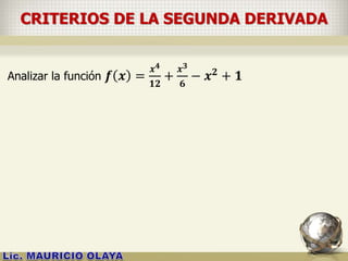 CRITERIOS DE LA SEGUNDA DERIVADA
Analizar la función 𝒇 𝒙 =
𝒙 𝟒
𝟏𝟐
+
𝒙 𝟑
𝟔
− 𝒙 𝟐
+ 𝟏
 