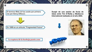 El término Web 2.0 fue usado por primera
vez por Darcy DiNucci.
En 1999 en un artículo "Fragmented Future"
Surgió de una sesión de lluvia de
ideas entre Tim O´Reilly y MediaLive
International realizada en el año 2004.
La ruptura de la burbuja punto.com
 