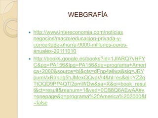 WEBGRAFÍA

   http://www.intereconomia.com/noticias
    negocios/macro/educacion-privada-y-
    concertada-ahorra-9000-millones-euros-
    anuales-20111010
   http://books.google.es/books?id=1JfARQ7vHFY
    C&pg=PA156&lpg=PA156&dq=programa+Ameri
    ca+2000&source=bl&ots=dFnp4allwa&sig=JRY
    pumVxRirnob5hJMexQQvaVI4&hl=es&ei=YZ2q
    TtOQD9PP4QTl2pmWDw&sa=X&oi=book_resul
    t&ct=result&resnum=1&ved=0CB8Q6AEwAA#v
    =onepage&q=programa%20America%202000&f
    =false
 