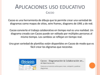 APLICACIONES USO EDUCATIVO
CACOO
Cacoo es una herramienta de dibujo que te permite crear una variedad de
diagramas como mapas de sitios, wire frames, diagrams de UML y de red.
Cacoo convierte el trabajo colaborativo en tiempo real es una realidad. Un
diagrama creado con Cacoo puede ser editado por múltiples personas al
mismo tiempo. Los cambios se reflejan en tiempo real.
Una gran variedad de plantillas están disponibles en Cacoo de modo que es
fácil crear los digramas que necesitas
 