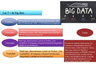 Vía Facebook se envían 10 billones de mensajes por
día, 4.5 billones de ‘likes’ y 350 millones de imágenes.
Las 5 v de big data .
Volumen
Imaginemos la velocidad con la cual una imagen o
mensaje se vuelve viral. Otro ejemplo es la velocidad
de las transacciones bancarias.
Velocidad
Hash tags, abreviaciones y posts en Twitter, ¿son
confiables?. El lenguaje coloquial brinda poca integridad y
calidad en la información.
Veracidad
Hash tags, abreviaciones y posts en Twitter, ¿son
confiables?. El lenguaje coloquial brinda poca
integridad y calidad en la información.
Variedad
El valor de explotar información con
volúmenes inimaginables, datos de
diversos tipos, como imágenes, videos,
likes, que viajan por internet a
velocidad inmesas, es PODER TOMAR
DECISIONES MAS ACERTADAS
PARA INCREMENTAR EL VALOR
DE NUESTROS NEGOCIO Y LA
RENTABILIDAD DEL MISMO.
Valor
 