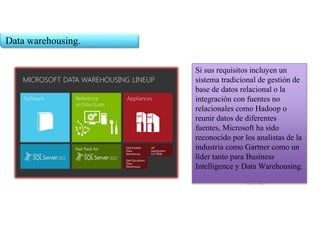 Data warehousing.
Si sus requisitos incluyen un
sistema tradicional de gestión de
base de datos relacional o la
integración con fuentes no
relacionales como Hadoop o
reunir datos de diferentes
fuentes, Microsoft ha sido
reconocido por los analistas de la
industria como Gartner como un
líder tanto para Business
Intelligence y Data Warehousing.
 