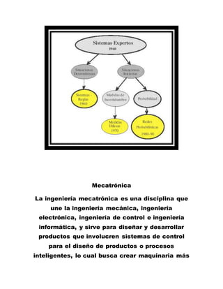 Mecatrónica
La ingeniería mecatrónica es una disciplina que
une la ingeniería mecánica, ingeniería
electrónica, ingeniería de control e ingeniería
informática, y sirve para diseñar y desarrollar
productos que involucren sistemas de control
para el diseño de productos o procesos
inteligentes, lo cual busca crear maquinaria más
 