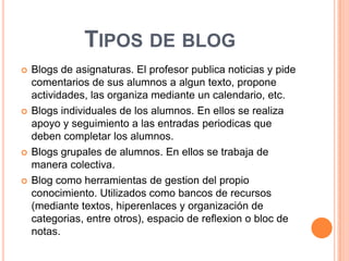 Tipos de blogBlogs de asignaturas. El profesor publica noticias y pide comentarios de sus alumnos a algun texto, propone actividades, las organiza mediante un calendario, etc.Blogs individuales de los alumnos. En ellos se realiza apoyo y seguimiento a las entradas periodicas que deben completar los alumnos.Blogs grupales de alumnos. En ellos se trabaja de manera colectiva.Blog como herramientas de gestion del propio conocimiento. Utilizados como bancos de recursos (mediante textos, hiperenlaces y organización de categorias, entre otros), espacio de reflexion o bloc de notas.