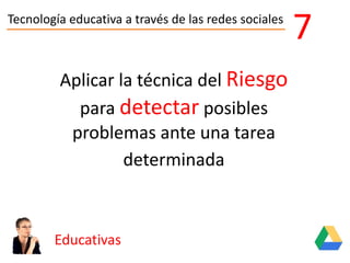 Tecnología educativa a través de las redes sociales
Educativas
7
Aplicar la técnica del Riesgo
para detectar posibles
problemas ante una tarea
determinada
 