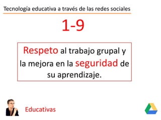 Tecnología educativa a través de las redes sociales
Educativas
1-9
Respeto al trabajo grupal y
la mejora en la seguridad de
su aprendizaje.
Respeto al trabajo grupal y
la mejora en la seguridad de
su aprendizaje.
 