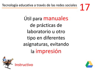 Tecnología educativa a través de las redes sociales
Instructivo
17
Útil para manuales
de prácticas de
laboratorio u otro
tipo en diferentes
asignaturas, evitando
la impresión
 