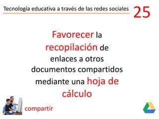 Tecnología educativa a través de las redes sociales
compartir
25
Favorecer la
recopilación de
enlaces a otros
documentos compartidos
mediante una hoja de
cálculo
 