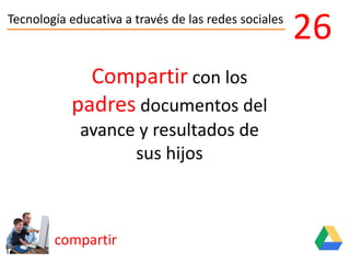 Tecnología educativa a través de las redes sociales
compartir
26
Compartir con los
padres documentos del
avance y resultados de
sus hijos
 