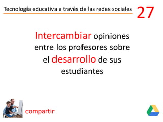 Tecnología educativa a través de las redes sociales
compartir
27
Intercambiar opiniones
entre los profesores sobre
el desarrollo de sus
estudiantes
 