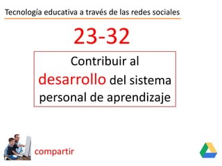 Tecnología educativa a través de las redes sociales
compartir
23-32
Contribuir al
desarrollo del sistema
personal de aprendizaje
Contribuir al
desarrollo del sistema
personal de aprendizaje
 