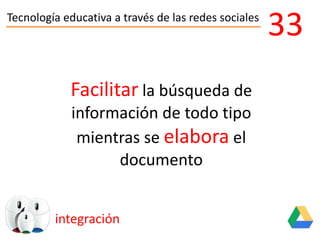 Tecnología educativa a través de las redes sociales
integración
33
Facilitar la búsqueda de
información de todo tipo
mientras se elabora el
documento
 