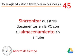 Tecnología educativa a través de las redes sociales
Ahorro de tiempo
45
Sincronizar nuestros
documentos en la PC con
su almacenamiento en
la nube
 