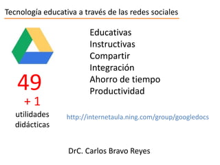 Tecnología educativa a través de las redes sociales
Educativas
Instructivas
Compartir
Integración
Ahorro de tiempo
Productividad
+ 1
utilidades
didácticas
49
http://internetaula.ning.com/group/googledocs
DrC. Carlos Bravo Reyes
 