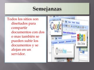 Todos los sitios son
  diseñados para
  compartir
  documentos con dos
  o mas también se
  pueden subir los
  documentos y se
  alojan en un
  servidor.
 