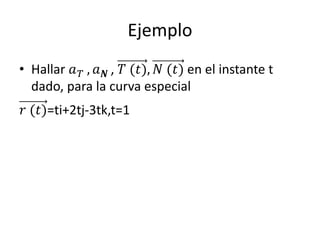 Ejemplo
• Hallar 𝑎 𝑇 , 𝑎 𝑵 , 𝑇 (𝑡), 𝑁 (𝑡) en el instante t
dado, para la curva especial
𝑟 (𝑡)=ti+2tj-3tk,t=1
 