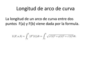 Longitud de arco de curva
La longitud de un arco de curva entre dos
puntos F(a) y F(b) viene dada por la formula.
 
