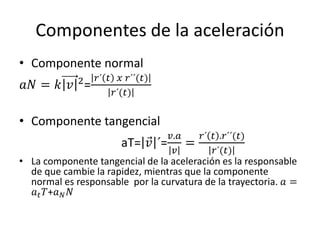 Componentes de la aceleración
• Componente normal
𝑎𝑁 = 𝑘 𝑣 2
=
𝑟´ 𝑡 𝑥 𝑟´´(𝑡)
𝑟´(𝑡)
• Componente tangencial
aT= 𝑣 ´=
𝑣.𝑎
𝑣
=
𝑟´ 𝑡 .𝑟´´(𝑡)
𝑟´(𝑡)
• La componente tangencial de la aceleración es la responsable
de que cambie la rapidez, mientras que la componente
normal es responsable por la curvatura de la trayectoria. 𝑎 =
𝑎 𝑡 𝑇+𝑎 𝑁 𝑁
 