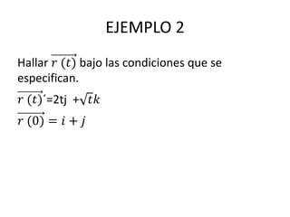 EJEMPLO 2
Hallar 𝑟 (𝑡) bajo las condiciones que se
especifican.
𝑟 (𝑡)´=2tj + 𝑡𝑘
𝑟 (0) = 𝑖 + 𝑗
 