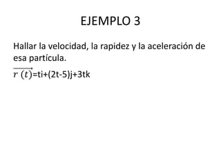 EJEMPLO 3
Hallar la velocidad, la rapidez y la aceleración de
esa partícula.
𝑟 (𝑡)=ti+(2t-5)j+3tk
 