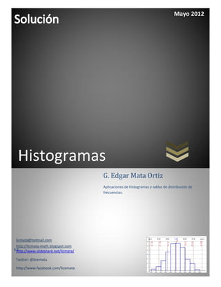 Mayo 2012




  Histogramas
                                       G. Edgar Mata Ortiz
                                       Aplicaciones de histogramas y tablas de distribución de
                                       frecuencias.




 licmata@hotmail.com
 http://licmata-math.blogspot.com
S http://www.slideshare.net/licmata/
  C

 Twitter: @licemata

 http://www.facebook.com/licemata
 