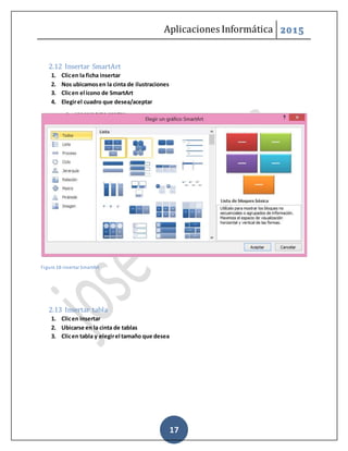 Aplicaciones Informática 2015
17
2.12 Insertar SmartArt
1. Clicen la ficha insertar
2. Nos ubicamosen la cinta de ilustraciones
3. Clicen el icono de SmartArt
4. Elegirel cuadro que desea/aceptar
Figure 18-Insertar SmartArt
2.13 Insertar tabla
1. Clicen insertar
2. Ubicarse en la cinta de tablas
3. Clicen tabla y elegirel tamaño que desea
 