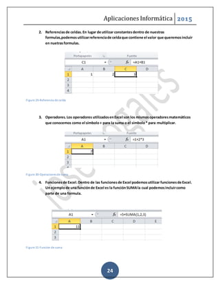 Aplicaciones Informática 2015
24
2. Referenciasde celdas.En lugar de utilizar constantesdentro de nuestras
formulas,podemosutilizarreferenciade celdaque contiene el valor que queremosincluir
en nuetrasformulas.
Figure 29-Referencia de celda
3. Operadores.Los operadores utilizadosenExcel son los mismosoperadoresmatemáticos
que conocemos como el símbolo+ para la suma o el símbolo* para multiplicar.
Figure 30-Operacionesde suma
4. Funcionesde Excel.Dentro de las funcionesde Excel podemosutilizar funcionesde Excel.
Un ejemplode una funciónde Excel es la funciónSUMAla cual podemosincluircomo
parte de una formula.
Figure 31-Funcion de suma
 