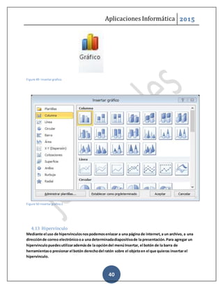 Aplicaciones Informática 2015
40
Figure 49- Insertar grafico
Figure 50-Insertar grafico2
4.13 Hipervínculo
Mediante el uso de hipervínculosnospodemosenlazar a una página de internet,a un archivo, a una
direcciónde correo electrónicooa una determinadadiapositivade la presentación.Para agregar un
hipervínculopuedesutilizarademásde la opcióndel menúInsertar, el botón de la barra de
herramientaso presionar el botón derechodel ratón sobre el objetoen el que quieras insertar el
hipervínculo.
 