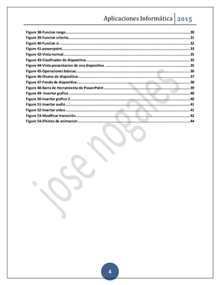 Aplicaciones Informática 2015
4
Figure 38-Funcion rango...................................................................................................................30
Figure 39-Funcion criterio.................................................................................................................31
Figure 40-Funcion si .........................................................................................................................32
Figure 41-powerpoint.......................................................................................................................33
Figure 42-Vista normal.....................................................................................................................35
Figure 43-Clasificador de diapositiva.................................................................................................35
Figure 44-Vista presentacion de una diapositiva ...............................................................................35
Figure 45-Operaciones básicas..........................................................................................................36
Figure 46-Diseno de diapositiva........................................................................................................37
Figure 47-Fondo de diapositiva.........................................................................................................38
Figure 48-Barra de Herramienta de PowerPoint................................................................................39
Figure 49- Insertar grafico ................................................................................................................40
Figure 50-Insertar grafico 2...............................................................................................................40
Figure 51-Insertar audio...................................................................................................................41
Figure 52-Insertar video...................................................................................................................41
Figure 53-Modificar transición..........................................................................................................42
Figure 54-Efectos de animacion........................................................................................................44
 