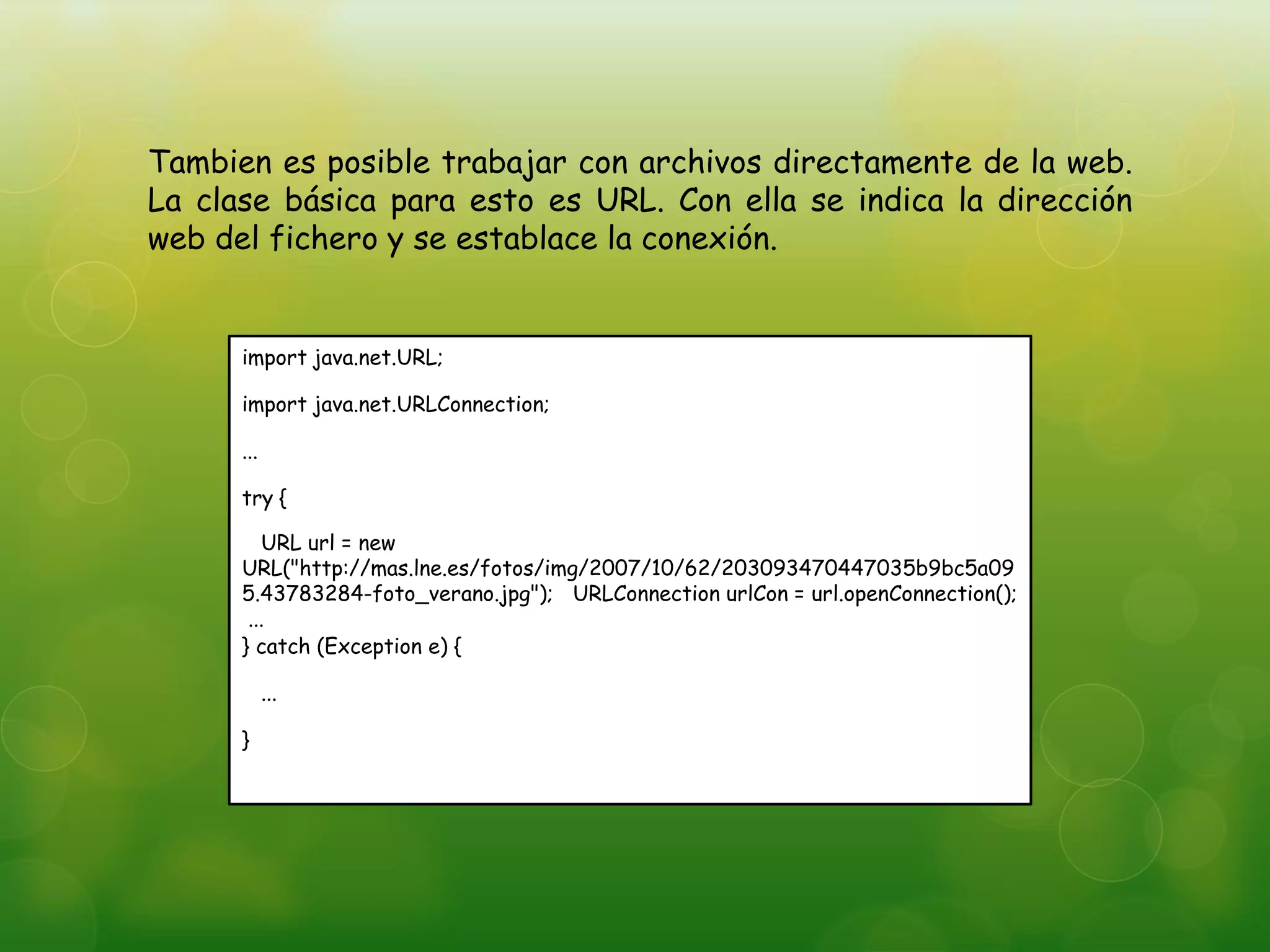 import java.net.URL;
import java.net.URLConnection;
...
try {
URL url = new
URL("http://mas.lne.es/fotos/img/2007/10/62/203093470447035b9bc5a09
5.43783284-foto_verano.jpg"); URLConnection urlCon = url.openConnection();
...
} catch (Exception e) {
...
}
Tambien es posible trabajar con archivos directamente de la web.
La clase básica para esto es URL. Con ella se indica la dirección
web del fichero y se establace la conexión.
 