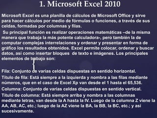 1. Microsoft Excel 2010
Microsoft Excel es una planilla de cálculos de Microsoft Office y sirve
para hacer cálculos por medio de fórmulas o funciones, a través de sus
celdas, formadas por columnas y filas.
Su principal función es realizar operaciones matemáticas –de la misma
manera que trabaja la más potente calculadora-, pero también la de
computar complejas interrelaciones y ordenar y presentar en forma de
gráfico los resultados obtenidos. Excel permite colocar, ordenar y buscar
datos, así como insertar bloques de texto e imágenes. Los principales
elementos de trabajo son:

{

Fila: Conjunto de varias celdas dispuestas en sentido horizontal.
Título de fila: Está siempre a la izquierda y nombra a las filas mediante
números, que en el caso de Excel Xp van desde el 1 hasta el 65,536.
Columna: Conjunto de varias celdas dispuestas en sentido vertical.
Título de columna: Está siempre arriba y nombra a las columnas
mediante letras, van desde la A hasta la IV. Luego de la columna Z viene la
AA, AB, AC, etc.; luego de la AZ viene la BA, la BB, la BC, etc.; y así
sucesivamente.

 