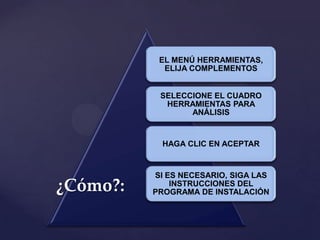 EL MENÚ HERRAMIENTAS,
ELIJA COMPLEMENTOS
SELECCIONE EL CUADRO
HERRAMIENTAS PARA
ANÁLISIS

HAGA CLIC EN ACEPTAR

¿Cómo?:

SI ES NECESARIO, SIGA LAS
INSTRUCCIONES DEL
PROGRAMA DE INSTALACIÓN

 