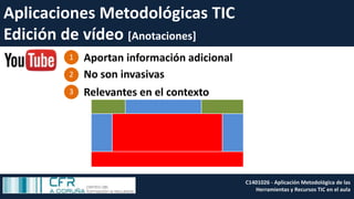 Relevantes en el contexto
Aportan información adicional
No son invasivas
1
2
3
Aplicaciones Metodológicas TIC
Edición de vídeo [Anotaciones]
C1401026 - Aplicación Metodológica de las
Herramientas y Recursos TIC en el aula
 