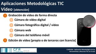 Cámara web
Cámara de vídeo digital
Grabación de vídeo de forma directa
Edición de vídeo [propio o de terceros con licencia]
1
2
1
Cámara fotográfica digital / video2
3
C1401026 - Aplicación Metodológica de las
Herramientas y Recursos TIC en el aula
Cámara del teléfono móvil4
Aplicaciones Metodológicas TIC
Vídeo [obtención]
 