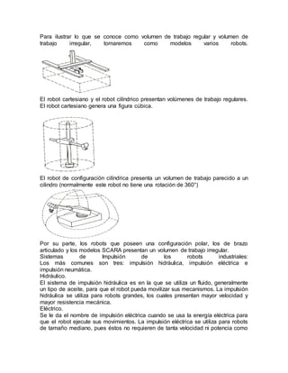 Para ilustrar lo que se conoce como volumen de trabajo regular y volumen de
trabajo irregular, tomaremos como modelos varios robots.
El robot cartesiano y el robot cilíndrico presentan volúmenes de trabajo regulares.
El robot cartesiano genera una figura cúbica.
El robot de configuración cilíndrica presenta un volumen de trabajo parecido a un
cilindro (normalmente este robot no tiene una rotación de 360°)
Por su parte, los robots que poseen una configuración polar, los de brazo
articulado y los modelos SCARA presentan un volumen de trabajo irregular.
Sistemas de Impulsión de los robots industriales:
Los más comunes son tres: impulsión hidráulica, impulsión eléctrica e
impulsión neumática.
Hidráulico.
El sistema de impulsión hidráulica es en la que se utiliza un fluido, generalmente
un tipo de aceite, para que el robot pueda movilizar sus mecanismos. La impulsión
hidráulica se utiliza para robots grandes, los cuales presentan mayor velocidad y
mayor resistencia mecánica.
Eléctrico.
Se le da el nombre de impulsión eléctrica cuando se usa la energía eléctrica para
que el robot ejecute sus movimientos. La impulsión eléctrica se utiliza para robots
de tamaño mediano, pues éstos no requieren de tanta velocidad ni potencia como
 